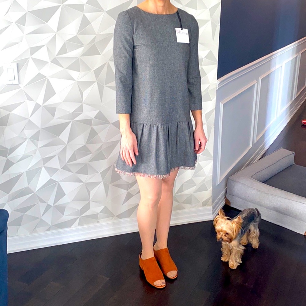 RED VALENTINO A-line school dress. Grey checkered with floral silk hemline.